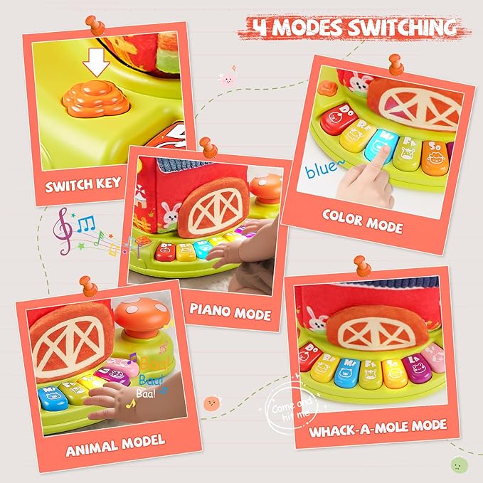 Vanvimen Musical Baby Toys 6-12 Months, Surprise Barn with 7 PCS Stuffed Farm Animals, 4 Mode Sound and LED Lights, Montessori Sensory Toys for 6 12 Months, Ideals 6 7 8 9 Month Old Baby Gifts Toy
