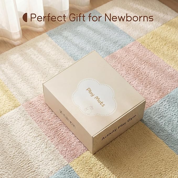 Baby Play Gym Activity Mat, 6 Developmental Zones Wooden Tummy Time Mat with 7 Detachable Sensory Toys for Motor Skill & Sensory Development, Baby Toys Gift for Toddler Infant 0-6-12-18 Month