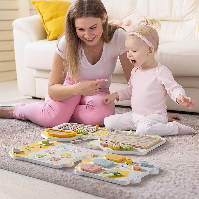 ROBUD Activity Wall Busy Board, Spring Train Montessori Busy Board, 12-in-1 Wooden Sensory Wall Panel, Montessori Sensory Wall Panel for Boys & Girls, Ideal for Toddler Playroom Nursery Classroom