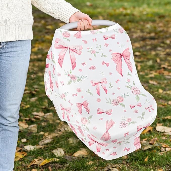 Car Seat Cover Baby Girls, All-in-1 Carseat Canopy for Babies, Multi-Use Infant Carrier Cover, Stroller Sun Shade, Nursing Breastfeeding Cover, Comfortable and Machine Washable, Pink Rose