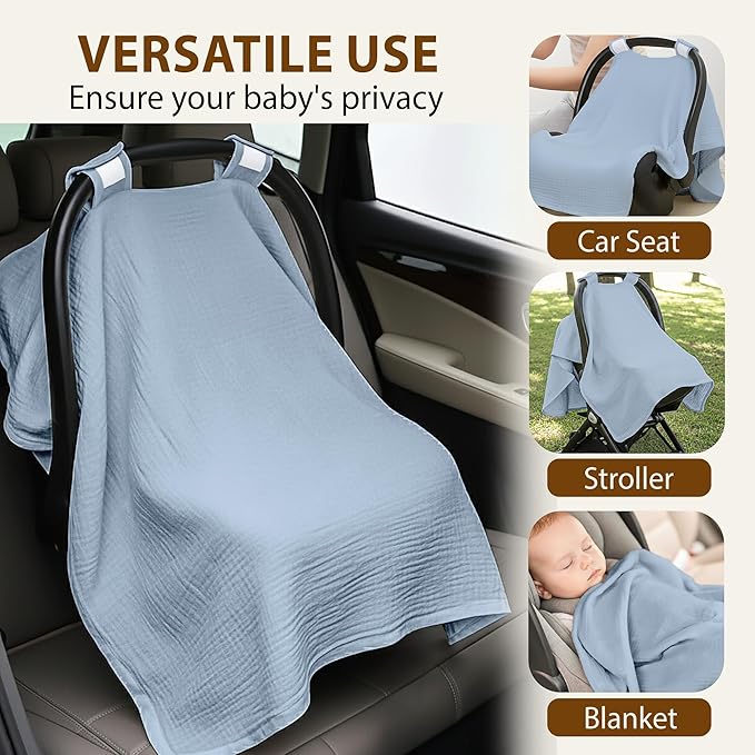100% Organic Muslin Cotton Car Seat Cover 35 x 50 Inches Soft Touch Breathable Canopy, Protective Car Seat Cover Baby All Seasons Lightweight Car Seat Cover Travel Comfort (Blue)