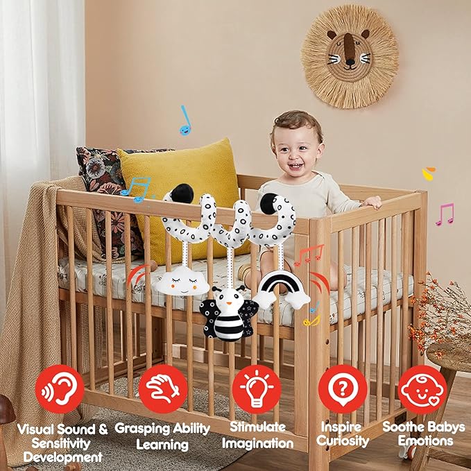 GKDOMS Baby Spiral Hanging Stroller and Car Seat Toys Black and White High Contrast Sensory Toy Newborn Plush Activity Toys Party Favors Quality Gifts for Baby Shower-BEE