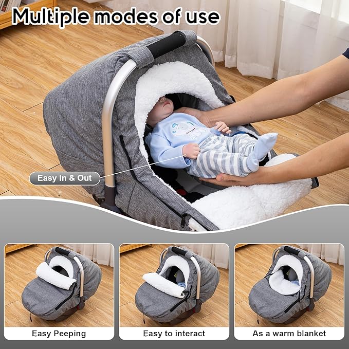 Winter Carseat Cover, Sherpa Fleece Baby Car Seat Cover for Cold Weather, Warm Snug Infant Car Seat Canopy for Boys Girls, Universal Newborn Carrier Covers Protect Baby from Snow Wind