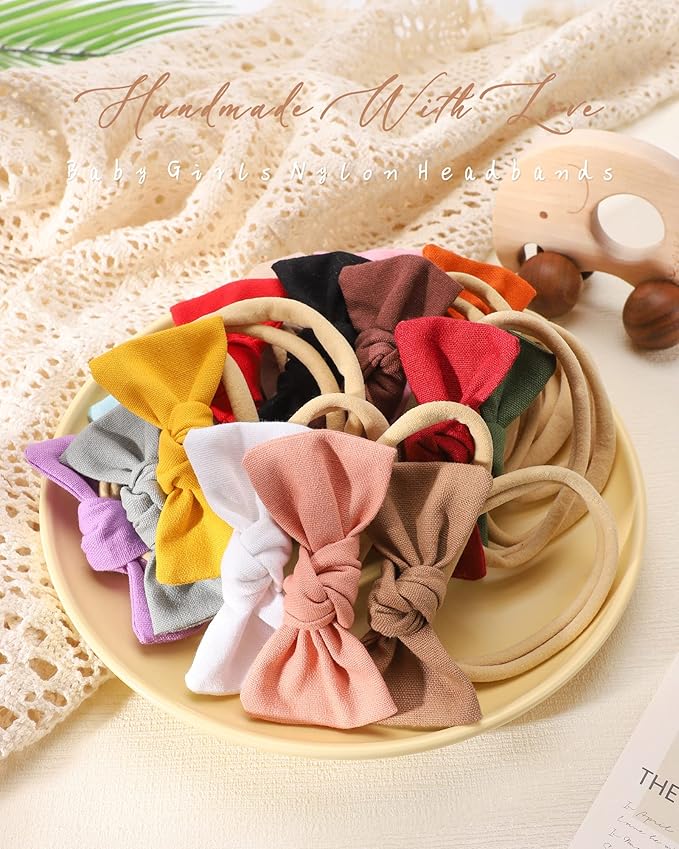 jollybows 20PCS 3.2" Baby Girls Linen Headbands Hair Bows Stretchy Nylon Hairbands for Newborn Infant Toddler Hair Accessories