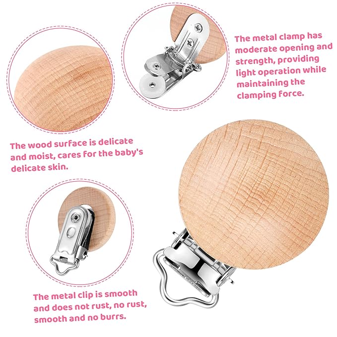 30 Pieces Natural Beech Wood Pacifier Clips Teething Grasping Toy Suspender Clips Wood Pacifier Clip Holder Charm DIY Clips (30 Pieces)