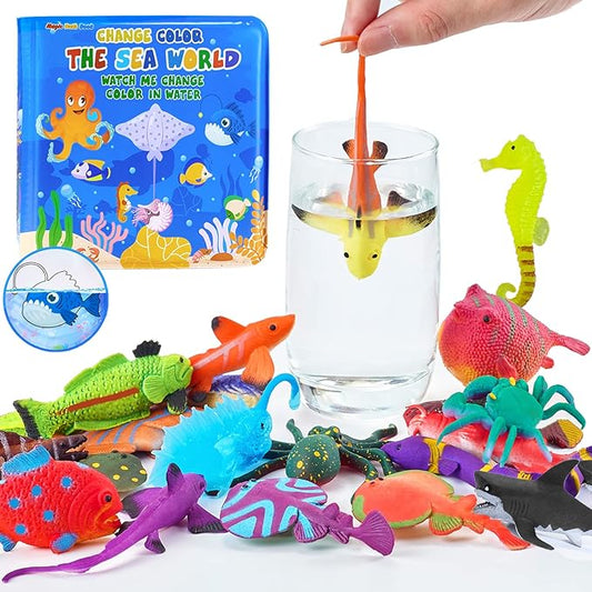 Color Changing No Hole Bath Toys for Kids Toddlers, Color Change Water Table Bathtub Toys Sea Creatures Rubber Fish for Kids & 2 Glow in The Dark Ocean Animal with Bath Book