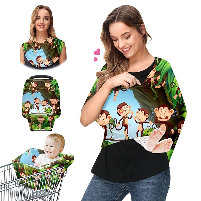 Baby Car Seat Stroller Covers Forest Cute Monkeys Nursing Cover Breastfeeding Scarf Soft Breathable Stretchy Infant Car Canopy Coverage Carseat Cover for Boys and Girls Multi Use