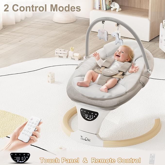 Baby Swings for Infants, Portable Infant Swing with 5-Speeds, 3-Adjustable Height, 3 Timer & 12 Lullabies, Mutil-Function Electric Swing for Baby, Indoor & Outdoor Use (Beige)