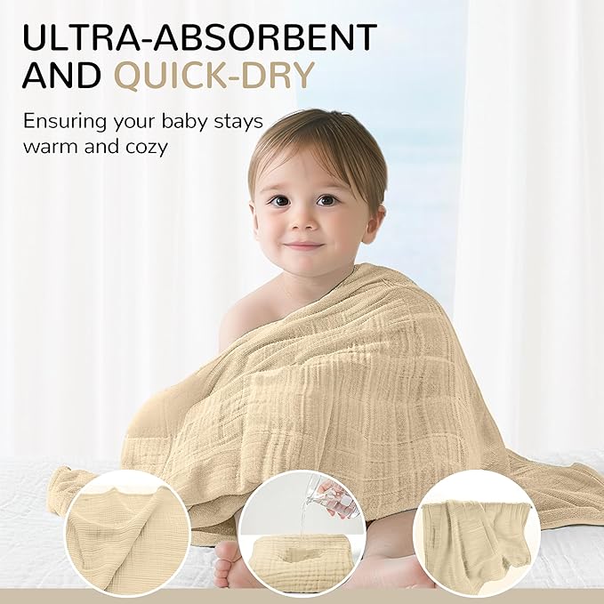 Momsnug 3-Pack Muslin Hooded Baby Towels, 100% Cotton, Ultra-Soft & Absorbent Baby Bath Towels with Hood for Babies, Infant, Toddler and Newbron(Green + Grey + Apricot，35" X 35''