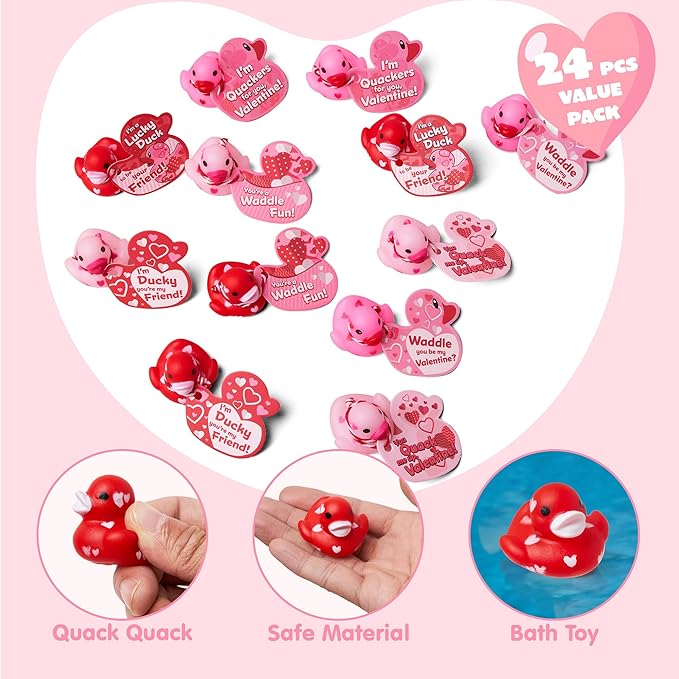 JOYIN 24 Pcs Valentine’s Day Mini Rubber Duck 1.2 Inches with Gift Cards, Small Rubber Duckies with Duck Card Tags, Rubber Duck Bath Toys for Classroom Exchange Prizes, Valentine Party Favors Toys