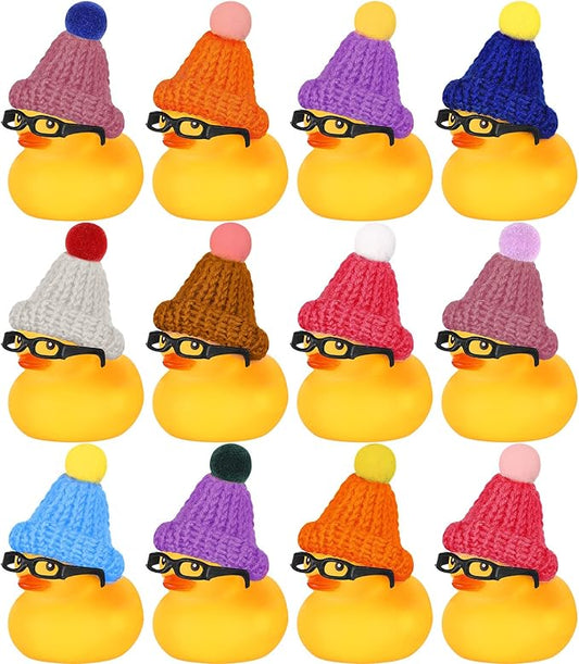 Chivao 12 Pcs Mini Rubber Ducks with Sunglasses/ Glasses and Hats/ Necklace, Cruise Rubber Ducks in Bulk Valentine Gift Small Bathtub Toy for Hiding Party Favor(Funny Style,Yellow)