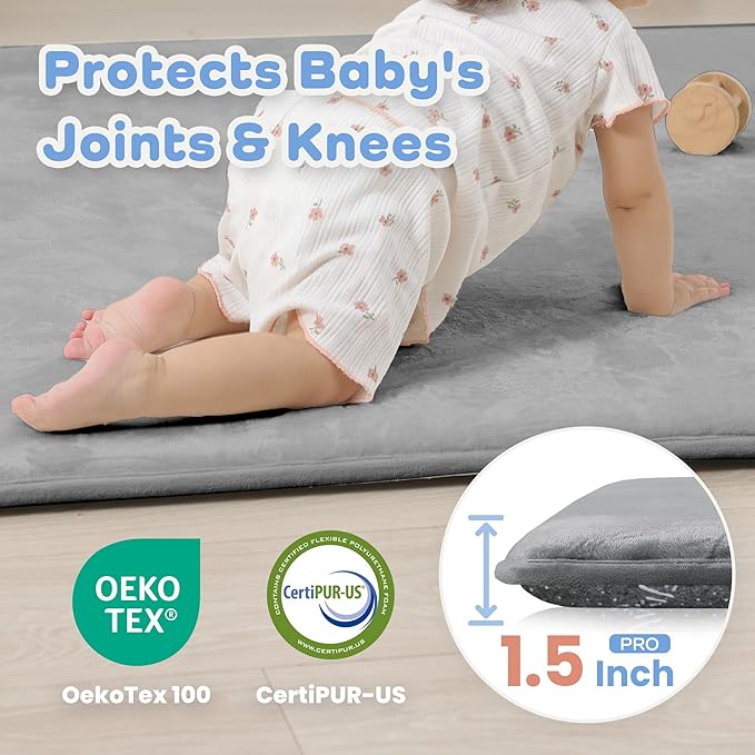 1.5" Thick Baby Play Mat for Floor, 59x79 Playpen Mat, Pro Soft Flannel Foam Mats Toddler Infant Kids Crawling for Nursery Rug Playroom Living Room Waterproof Easy Care Non-Slip (Dark Grey)