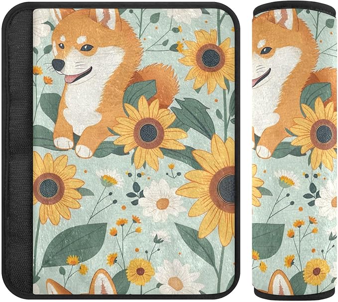 CHIFIGNO Pack of 2 Cute Dogs and Sunflowers Seat Belt Cover Pad Comfortable Car Seat Strap Pads Shoulder Pad Auto Interior Accessories Protect Your Neck and Shoulder