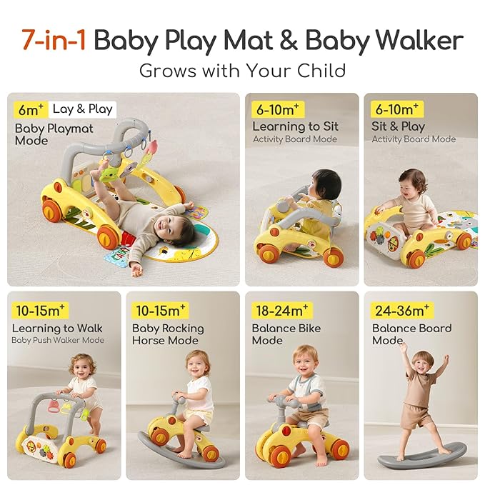7 in 1 Baby Push Walkers Gym Play Mat for Baby Boys Girls 6-12 Months,Activity Center Rocking Toy Balance Bike Board for Toddlers 1-3,Sit to Stand Walker,Early Learning Push Toys Gifts for Infant
