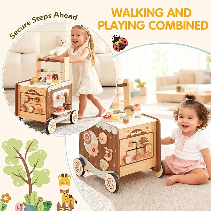 Wooden Baby Walker Push Walker with Adjustable Speed, Montessori Bakery Toy Walker with Coffee Machine & Play Food for 1 Year Old, First Birthday Gift