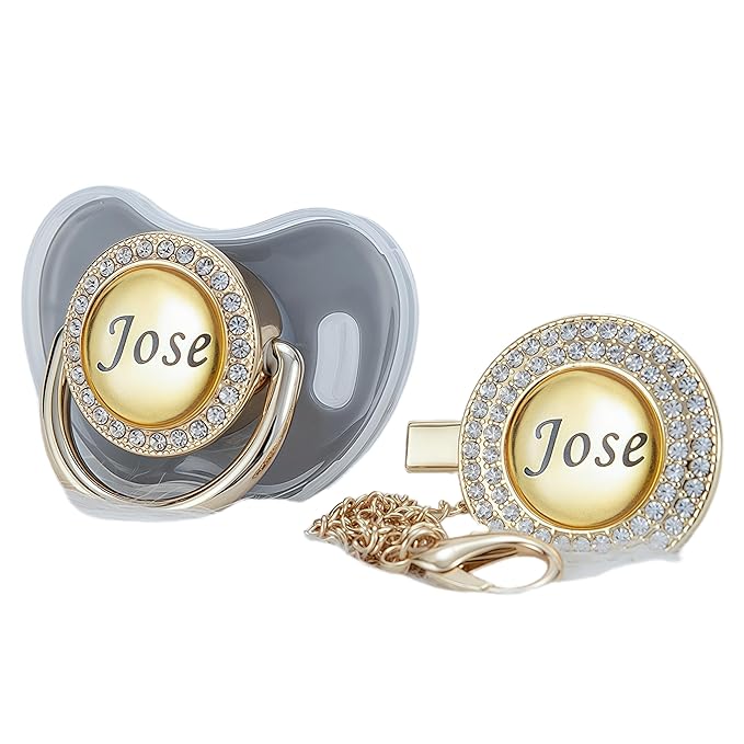 Custom Name Bling Pacifier & Clip Set – Personalized Binky for Baby Shower, Newborn Keepsake for Photos(Gray)