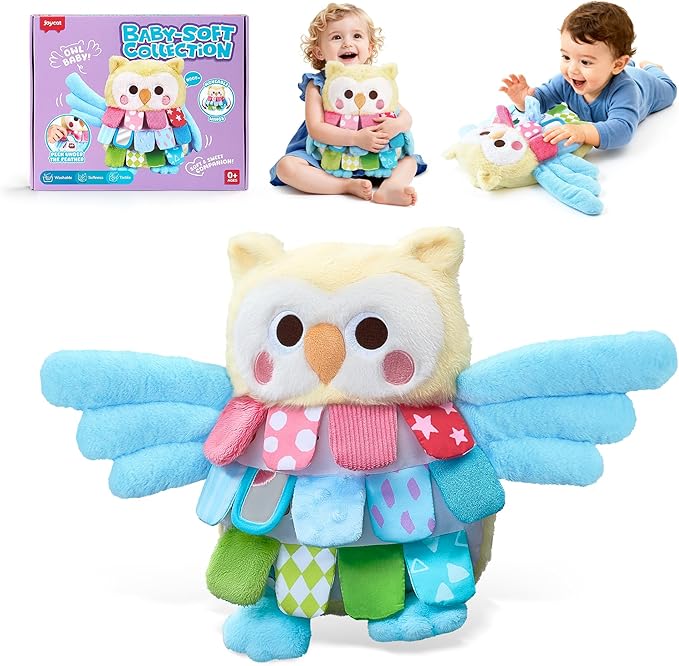 JoyCat Sensory Owl Baby Toy for 0-12 Months, 13''Soft Tummy Time Infant Toy with Multi-Textured Crinkle Feathers, Baby Mirror, Stuffed Animal Plush Montessori Easter Gifts for Newborn Boys and Girls