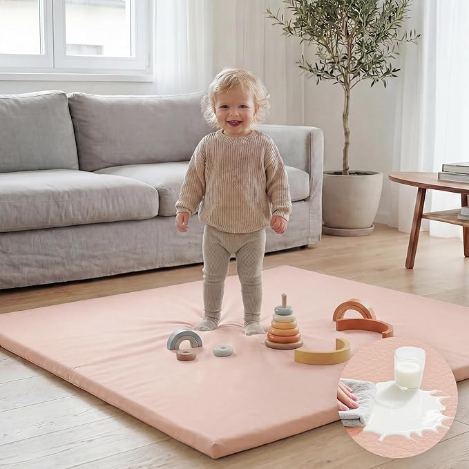 Huloo Sleep Baby Play Mat 50x50 Inches,1.3" Thick Padded Waterproof Floor Cushion & Playpen Mat with Vegan Leather,Non-Slip & Non-Toxic Nursery Rug for Infants, Toddlers & Kids(Pink)