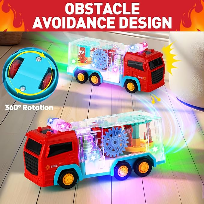 Fire Trucks for Toddlers 3-5, Light Up Sensory Car Toy for Kids, LED Transparent Bump Car with Rotating Gear, Cool Lights and Musical, Educational Crawling Toy for Baby, Birthday Gift for Boys Girls
