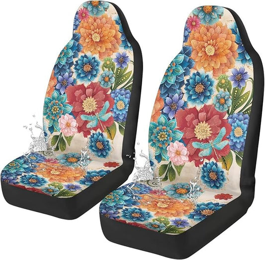 Hippie Floral Automobile Seat Cover, Universal Seat Covers for Front Seat Waterproof Elastic Polyester Car Seat Protector Covers Suitable for Cars, SUV and Trucks