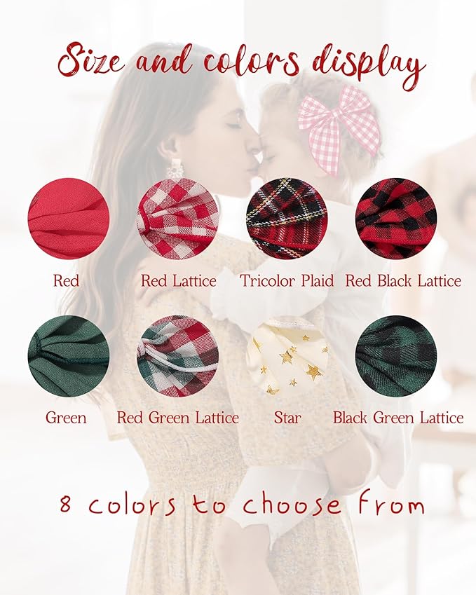 Doboi 8PCS Baby Girls Hair Clips Large Christmas Fable Hair Bows Cotton Linen Bows for Girls Gingham Hair Accessories for Baby Toddlers Kids