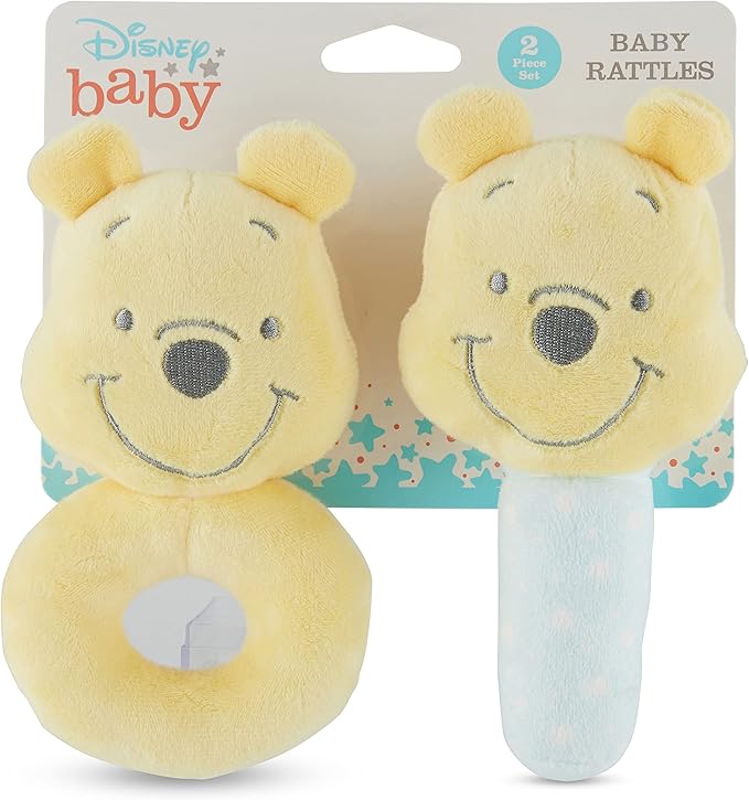 Disney Winnie The Pooh Assorted Plush Lovie Rattle Set Pack of 2 - Soft and Cuddly Plush Material, Built-in Rattle for Sensory Stimulation,Vibrant Colors and Intricate Details