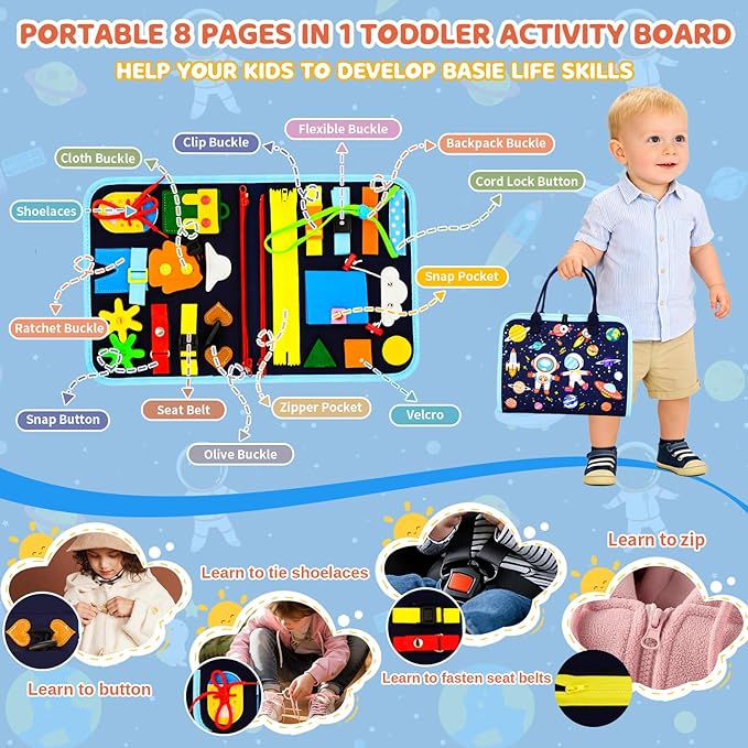 Toddler Busy Board Montessori Toys for Toddler 1-3 Year Old, Boy Birthday Gifts, Preschool Educational Montessori Busy Book Board, Felt Sensory Activity Board Sorting Toy Age 2-4 with Fine Motor Skill