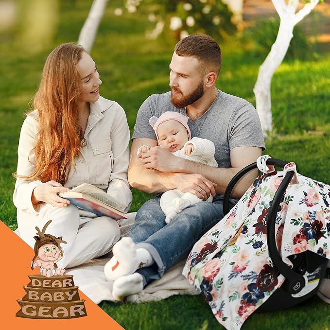 Dear Baby Gear Car Seat Cover for Boys & Girls - Baby Carseat Canopy w/Snap Opening - Infant Seat Cover - Stroller & Nursing Covers - Newborn Carrier Canopy- 40x30" (Burgundy & Navy Floral on Blush)