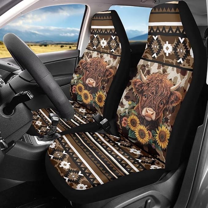 Aztec Highland Cow Car Front Seat Covers Waterproof Universal Front Seat Cover Removable Automotive Accessories Easy Installation Suitable for Cars, SUV and Trucks