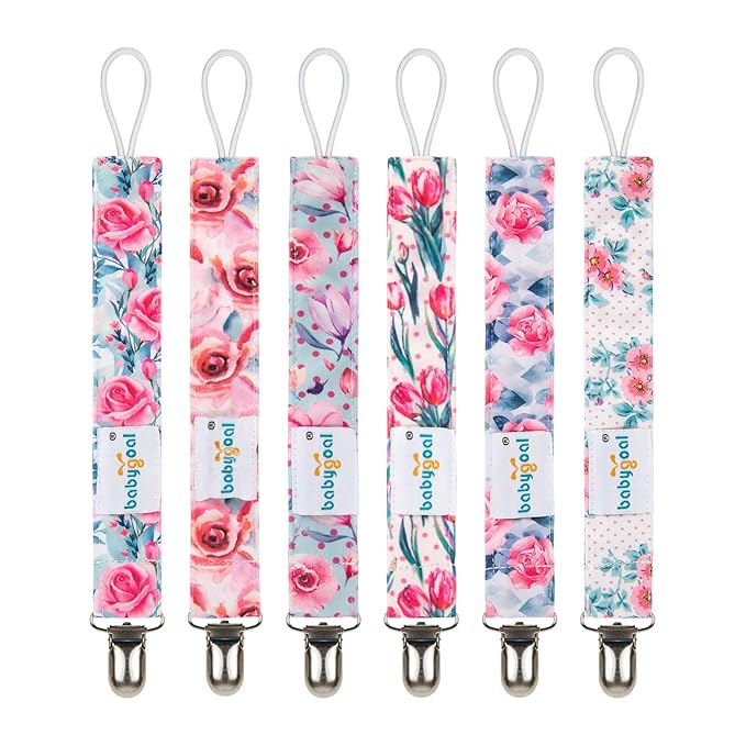 babygoal Baby Floral Pacifier Clips, 6 Pack Pacifier Holder Clip for Boys and Girls Fits Most Pacifiers and Binkies