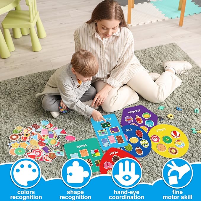 Halloscume 70 Pcs Shape Sorters for Toddlers Shape Puzzle and Matching Games Set with 10 Sorting Mats and 60 Everyday Objects Pieces for Kids Preschool Classroom Child Learning