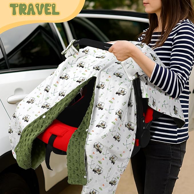 Honeydak Golf Baby Car Seat Cover Minky Infant Golf Nursing Decor Canopy Breastfeeding Blankets Peekaboo Opening Stroller Stuff for Newborn Baby Boy Girl, 27.5 x 39 Inch