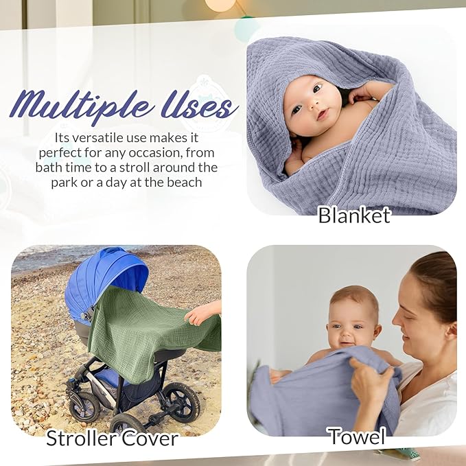 Hahafelt 6 Pcs Muslin Hooded Bath Towels Washcloths and Bibs Set, Muslin Cotton Baby Towels Absorbent Hooded Blanket Towel Infant Bibs for Boys Girls Newborn Infant Essential(Light Blue, Light Green)