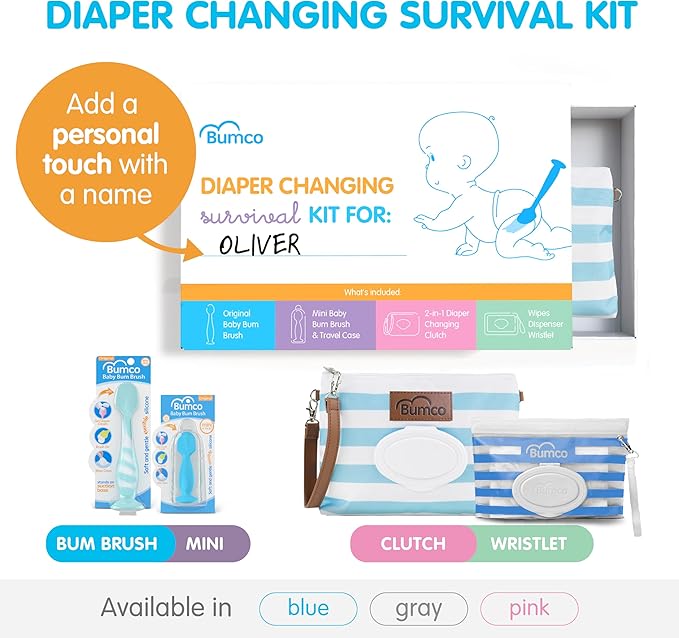 Bumco Baby Essentials Set - Personalized Diaper-Changing Baby Shower Gifts for Boys, Baby Gift Set with 2 Baby Bum Brushes (Original & Mini) + Diaper Clutch Bag + Wipes Wristlet, Newborn Gift Set