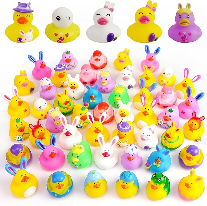 50PCS Easter Rubber Ducks Assorted Gifts Party Favors ,Resurrection Bunny Rubber Duck Pack , Funny Bath Tub Toys for Kids, Baby Showers Accessories