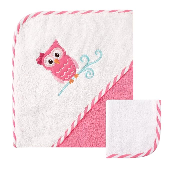 Luvable Friends Unisex Baby Cotton Hooded Towel and Washcloth, Owl, One Size
