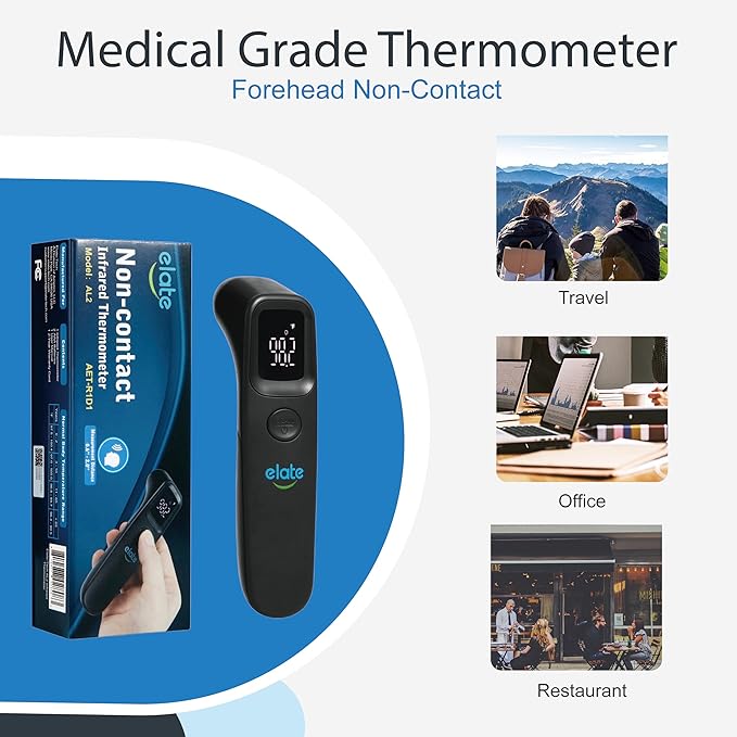 Elate Medical Grade Non-Contact Forehead Thermometer for Adults and Kids, No-Touch Digital Infrared Thermometer for Infants/Newborns, Touchless Temporal Thermometer for Fever, Black