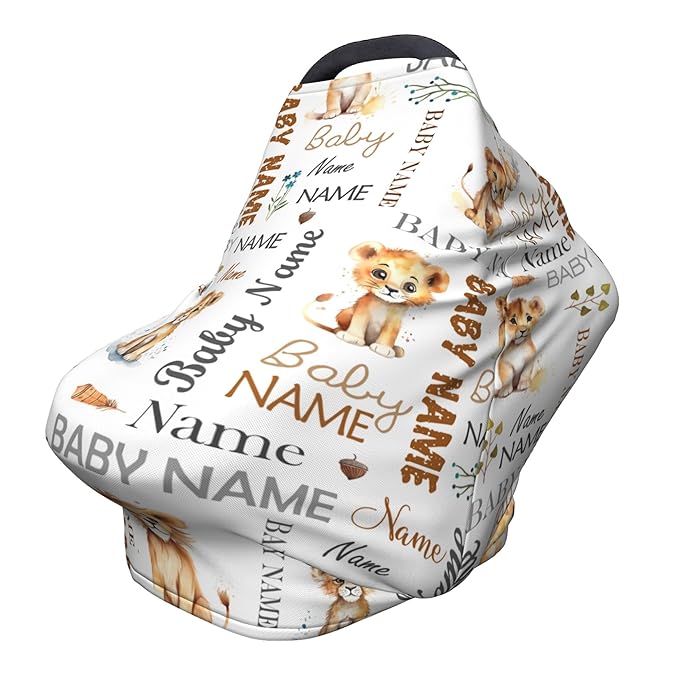 Personalized Car Seat Covers for Babies with Name – Multi-use Breastfeeding Cover Custom Lion Carseat Canopy Cover, Infant Stroller Covers for Boys and Girls