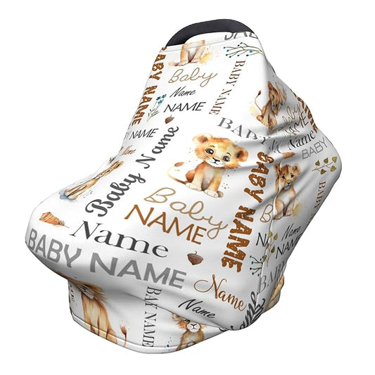 Personalized Car Seat Covers for Babies with Name – Multi-use Breastfeeding Cover Custom Lion Carseat Canopy Cover, Infant Stroller Covers for Boys and Girls