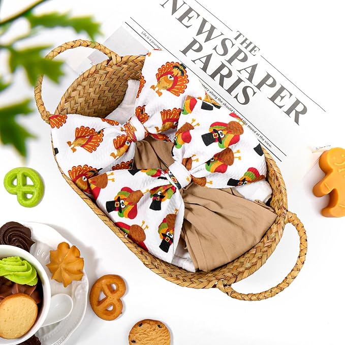 Thanksgiving Fall Baby Girl Bows Turkey Headbands for Baby Girls Waffle Knotted Bows Handmade Infant Headbands 2PCS Autumn Holiday Gifts