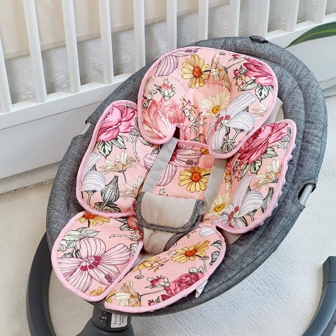 Pink Infant Car Seat Head Body Support Pillow, 2-in-1 Reversible CarSeat Insert,Soft Cushion for Stroller, Swing, Bouncer,Flowers