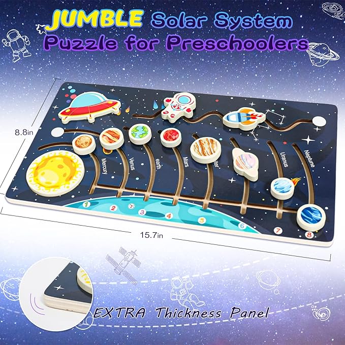 Zeoddler Movable Solar System Puzzle for Kids 3-6, Wooden Space Toys, Planets for Kids Preschool Learning Activities, Gift for Boys, Girls