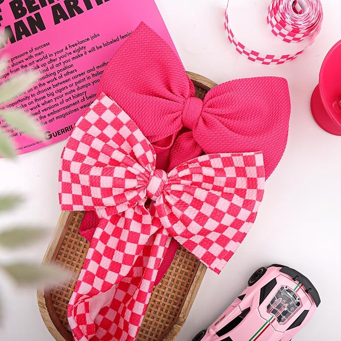 YanJie 2PCS 7’’ Hot Pink Bows for Baby Girls Checkered Headband Pink Bow Infants Toddler Hair Accessories Newborn Headbands Hair Bow Baby Clothes