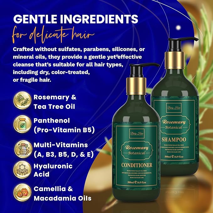 Baby Hair Botanical Shampoo & Conditioner Set - Anti Hair Fall & Hair Growth Formulas with Panthenol, Tea Tree Oil, Multivitamins (A, B3, D)