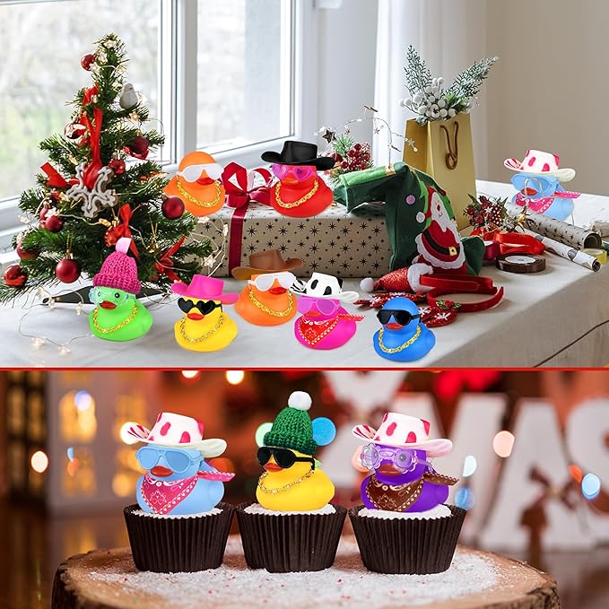 16Set 64PCS Mini Duck Toys Bulk Decoration with Hat Scarf Necklace Sunglasses Cute Tiny Duck Figurines for Kids Teens Birthday Baby Shower Swimming Pool Party Favors Classroom Prizes
