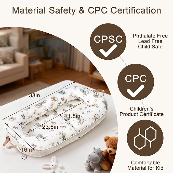 Baby Lounger-Infant Lounger for Newborn 0-24 Months, Portable Baby Nest for Home and Travel, 3 in 1 Newborn Lounger with Pure Cotton Cover, Breathable & Soft Infant Nest for Boys & Girls