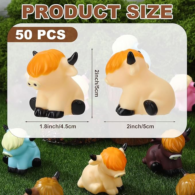 50 Pcs Highland Cow Rubber Figurines,Mini Rubber Cows Bath Float Squeaky Highland Cow Toys for Baby Shower Birthday Gift (2x2x1.8 inches)