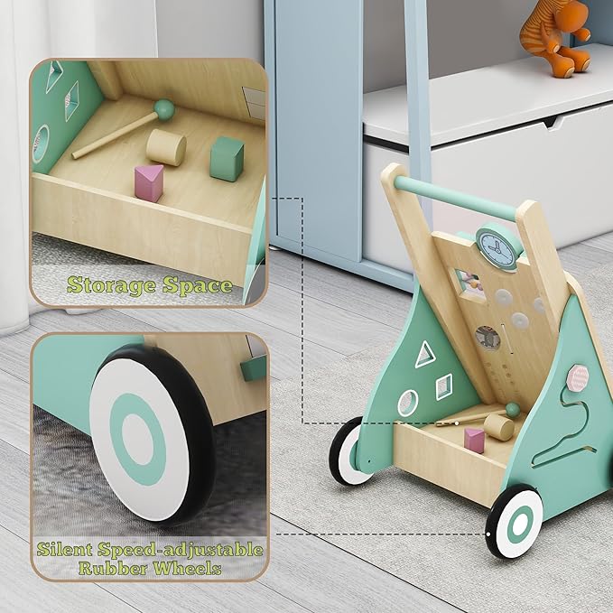 Baby Walker with Wheels, Wooden Baby Walker Push Toy Adjustable Height and Speed Montessori Walker Multiple Learning Activity Walker for Boys Ages 9+ Months, Green