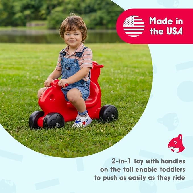 Careplay 2-in-1 Squirrel Push & Ride-on Toy, Indoor & Outdoor Use, Low Profile Seat, Recommended for Children up to 50lbs, Durable Construction, Made in The USA, Red