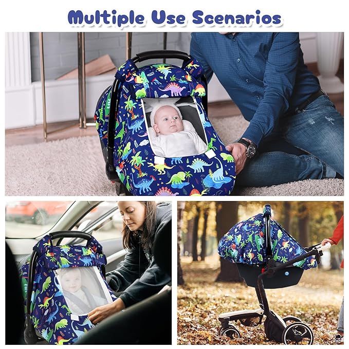 Baby Car Seat Cover, Windproof Carseat Cover for Infant Boys, Infant Breathable Carseat Canopy, Compatible with Most Baby Car Seat, Dinosaur